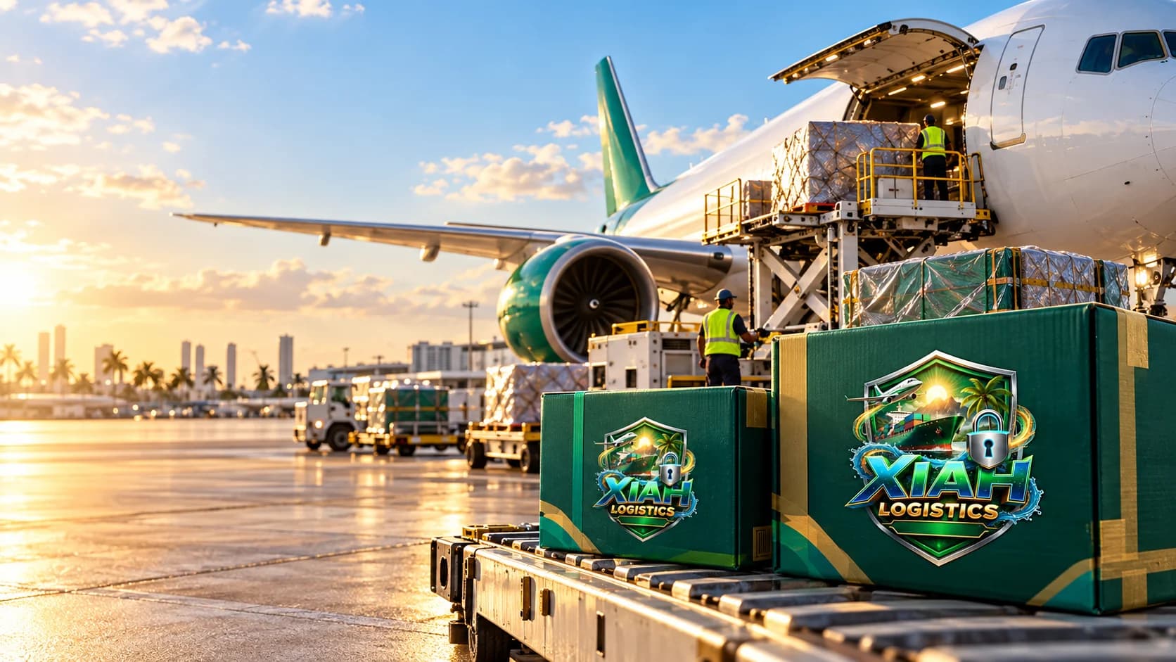 Xiah Logistics parcels ready for air freight beside a cargo aircraft