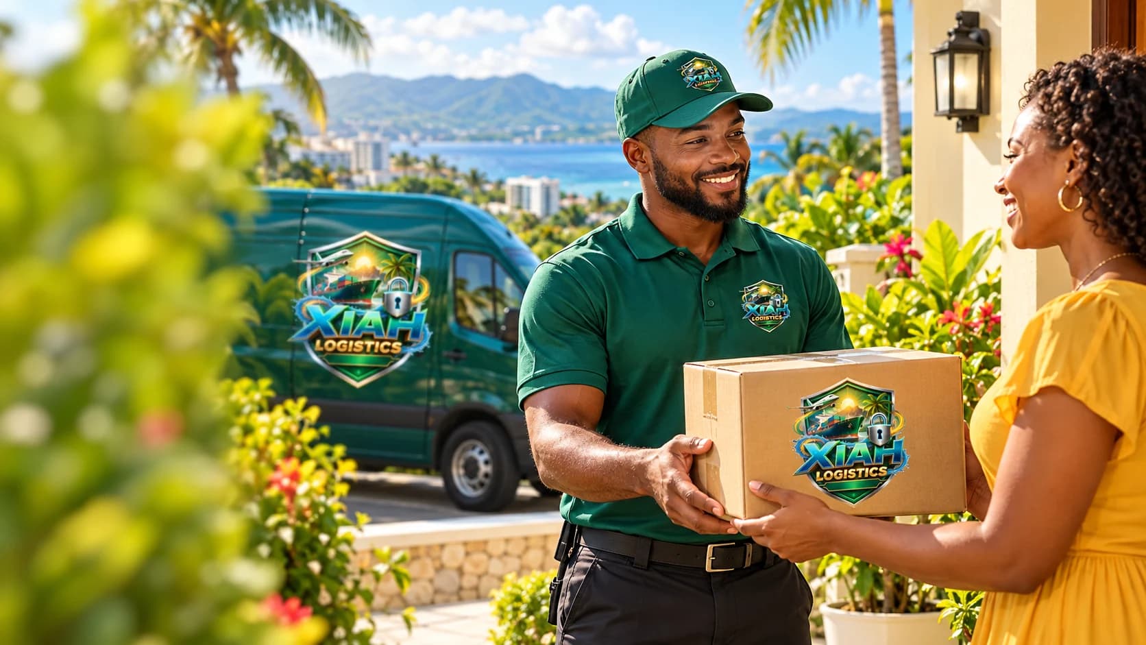 A Xiah Logistics courier bringing a parcel home to a customer in Jamaica